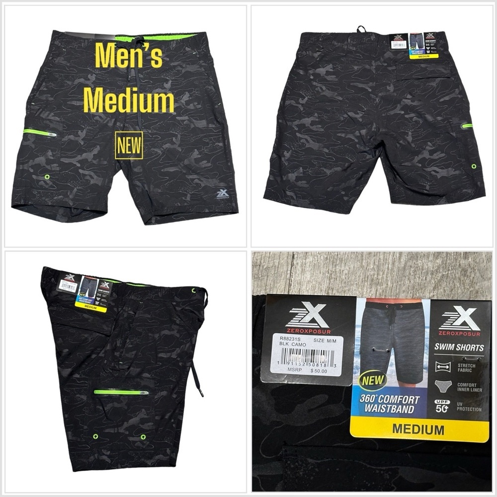 Men's Zeroxposur Medium Swim Drawstring Shorts Trunks Hybrid Black Elastic Waist